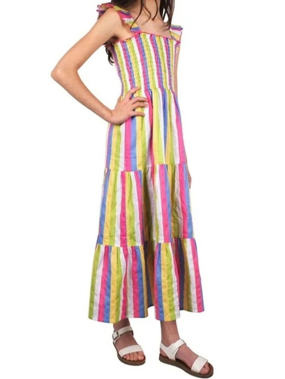 Zunie Multicolor Rainbow Stripe Smocked Maxi Dress - Pink, Yellow, Green, Blue